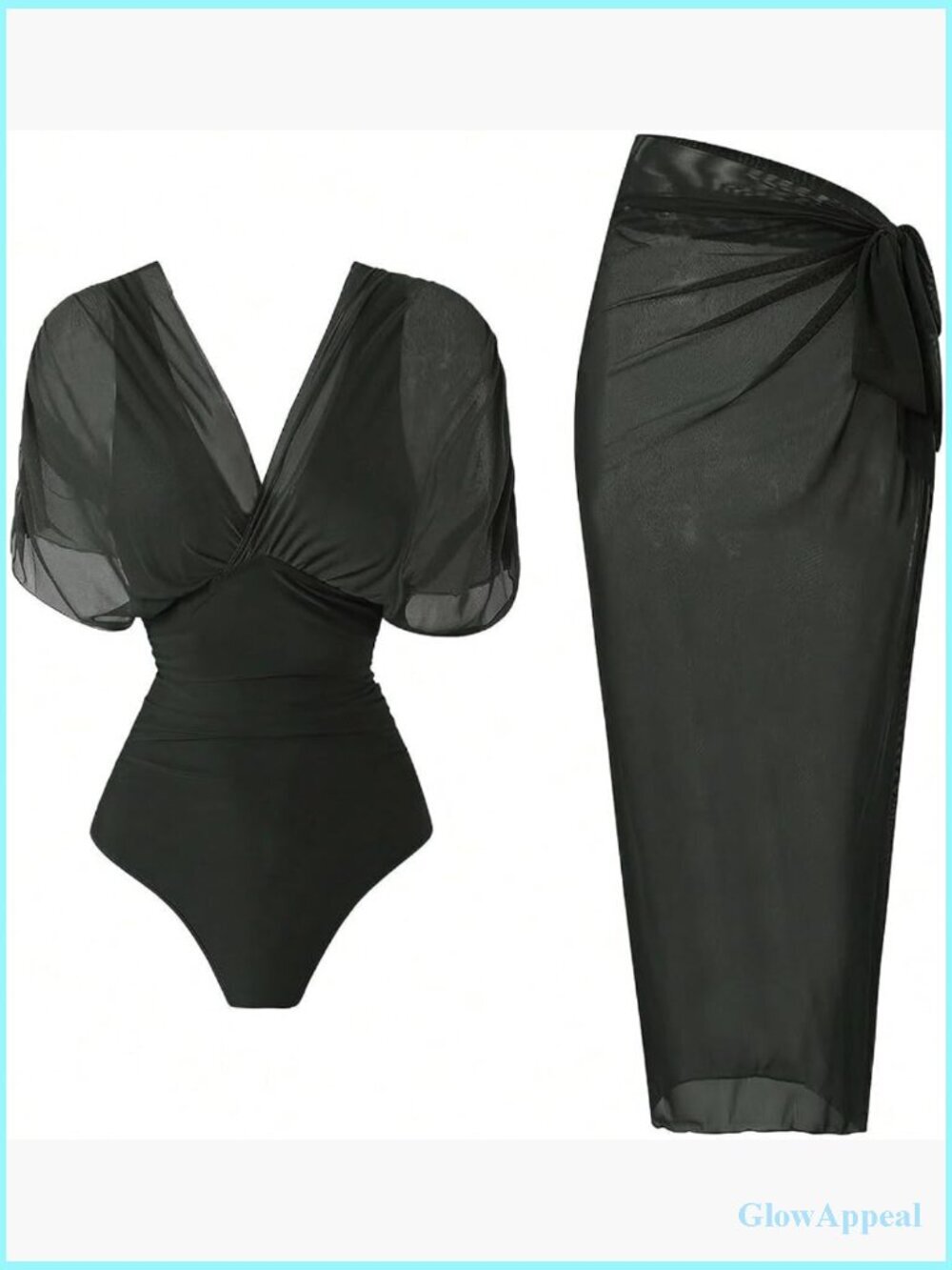 Women One Piece Swimsuit with Sarong Cover Up Tummy Control Mesh Sleeve Slimming